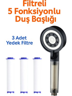 Kustar Filtreli 5 Fonksiyonlu Duş Başlığı + 3 Yedek Filtre – Su Tasarruflu, Basınçlı, Kireç Önleyici, Spa