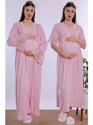 bylohusa Pamuklu Emzirme Özellikli Hamile Lohusa Gecelik ve Sabahlık Takımı Effortt - Pembe