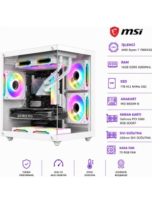 Apphirex Rosa X78 Ryzen 7 7800X3D / Msı B650M-B / RTX5060 8gb / 16GB Ddr5 6000MHZ / 1tb M.2 SSD / 240MM Sıvı Soğutma Beyaz Masaüstü Oyun Bilgisayarı