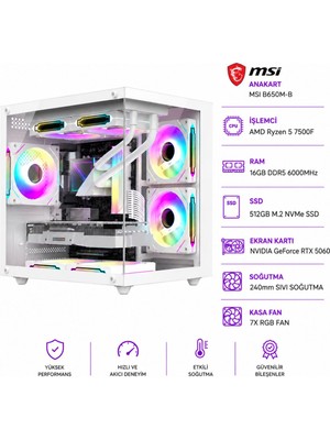 Apphirex Rosa X50 Ryzen 5 7500F / Msı B650M-B / RTX5060 8gb / 16GB Ddr5 6000MHZ / 512GB M.2 SSD / 240MM Sıvı Soğutma Beyaz Masaüstü Oyun Bilgisayarı