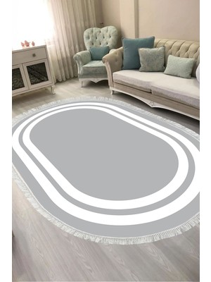 Alanur Home Dijital Baskılı Oval Salon Halısı | Kaymaz Yıkanabilir | Keçe Taban Saçaklı | Geometrik | 1696