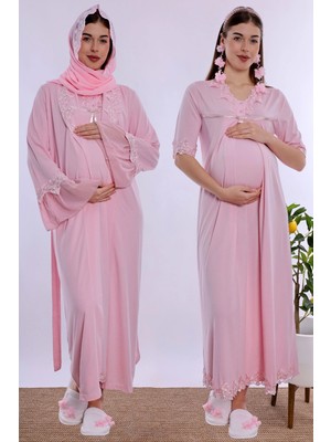 bylohusa Tesettürlü Emzirme Özellikli Sabahlıklı Lohusa Gecelik Takımı Effortt - Pembe