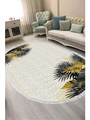 Alanur Home Dijital Baskılı Oval Salon Halısı | Kaymaz Yıkanabilir | Keçe Taban Saçaklı | Çiçekli | F5125