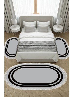 Alanur Home Kaymaz Yıkanabilir Dijital Baskılı 3'lü Klozet Takımı | Oval | Keçe Taban Saçaklı | Geometrik | 1696