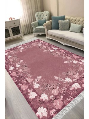 Alanur Home Dijital Baskılı Dikdörtgen Salon Halısı | Kaymaz Yıkanabilir | Keçe Taban Saçaklı | Çiçekli | P1388