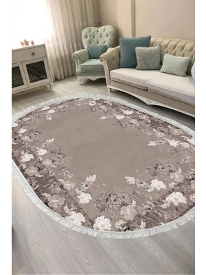Alanur Home Dijital Baskılı Oval Salon Halısı | Kaymaz Yıkanabilir | Keçe Taban Saçaklı | Çiçekli | P1388