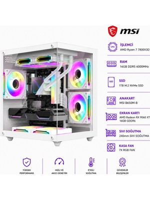Apphirex Rosa X98 Ryzen 7 7800X3D / Msı B650M-B / Amd RX9060XT 16GB / 16GB Ddr5 6000MHZ / 1tb M.2 SSD / 240MM Sıvı Soğutma Beyaz Masaüstü Oyun Bilgisayarı