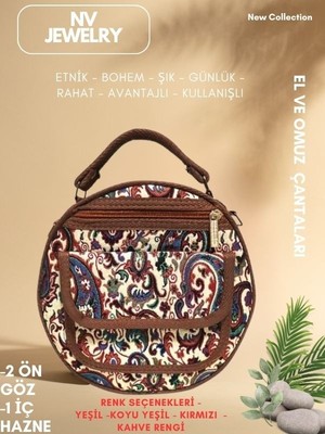 NV JEWELRY Bohem Desenli Cepli  Kahve Rengi Çanta