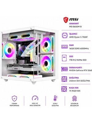 Apphirex Rosa X55 Ryzen 5 7500F / Msı B650M-B / RTX5060 8gb / 16GB Ddr5 6000MHZ / 1tb M.2 SSD / 240MM Sıvı Soğutma Beyaz Masaüstü Oyun Bilgisayarı