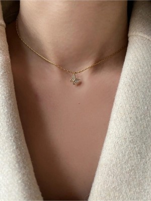 OkkoStore Kadın Gold Rengi Altın Kaplama Mini Kelebek Choker Kolye