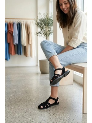 Shoetek Owsa Kadın Sandalet Bilekten Bağlı Çapraz Bantlı Siyah Süet