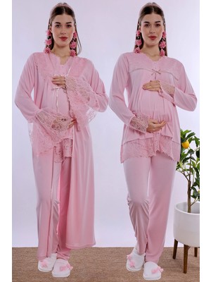bylohusa Gizli Emzirme Özellikli Pamuklu Sabahlıklı Hamile Lohusa Pijama Takımı Effortt - Pembe