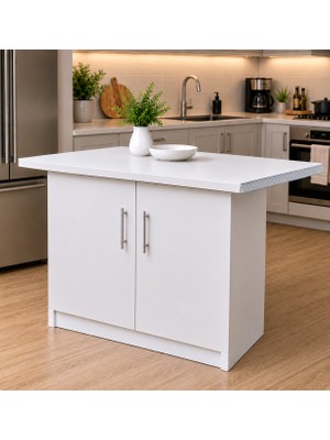 T Designo Tork Mutfak 2 Kapaklı Mutfak Adası-Alt Modül 130 cm - Çok Amaçlı Dolap -Beyaz Laminat Tezgah Dahil