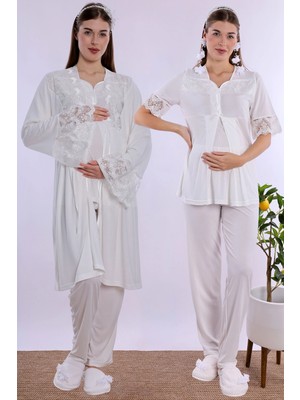 bylohusa Pamuklu Hamile Lohusa Pijama ve Sabahlık Takımı Effortt - Ekru