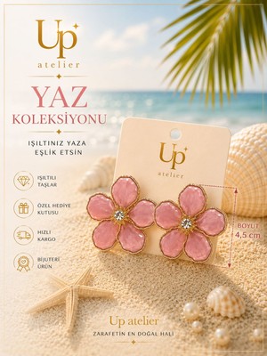 Up Atelier Yaz Koleksiyonu Plaj Modası Pembe Mineli Çiçek Gold Model Küpe