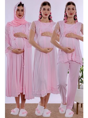 bylohusa Pamuklu Tesettürlü Hamilelik ve Lohusalık Dönemi Set 5 Parça Effortt - Emzirme Özelliği Pembe