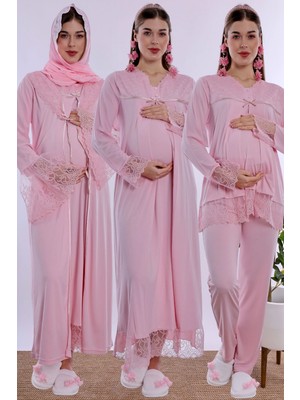 bylohusa Tesettürlü Ayarlanabilir Bel Lastikli Emzirme Özellikli Hamile Lohusa Seti 5 Parça Effortt - Pembe