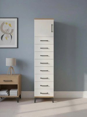 Dienni Hyperion Çok Amaçlı Dolap Mutfak Banyo Dolabı Tek Raflı 8 Çekmeceli Tek Kapaklı 44X44X182 Çam-Aytaşı