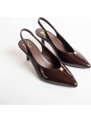 Ne&Ve Shoes Kahve Rugan Trok Detaylı Içten Büzgü Lastikli Kadın Sivri Burun Topuklu Ayakkabı