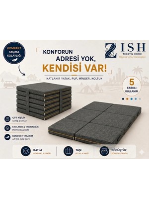 Zish Home Multipurpose 5 In 1 Antrasit Çift Kişilik Katlanır Süngerli Misafir Yer Yatağı ve Balkon Minderi 7cm