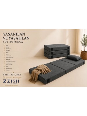 Zish Home FLEXA Antrasit 7 cm Katlanır Sünger Yatak | Yer Yatağı, Misafir Yatağı | Puf, Koltuk, Şilte ve Minder Kullanımı | Taşıma Kulplu | Fermuarlı Yıkanabilir Keten Kılıf | 24 DNS Orta Sert Sünger