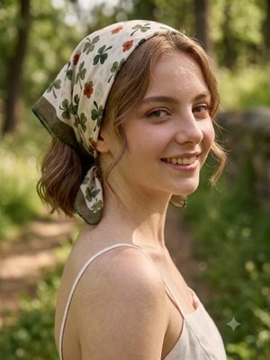 Trend Dokunuş 50-50 Saten Kadın Dört Yapraklı Yonca Desenli Fular Bandana