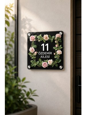 JHAAR Kişiye Özel Pleksi Kapı Isimliği – Modern & Lüks Uv Baskılı Dekoratif Kapı Numarası- Gül Dallı Motif