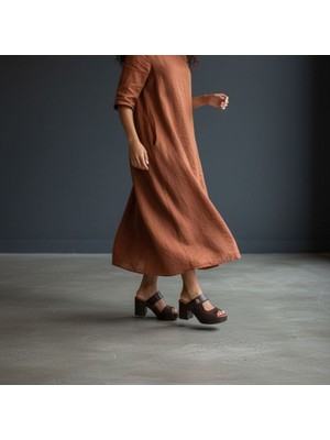 Ne&Ve Shoes Kahve Deri Ayarlanabilir Cırtlı Dikiş Detaylı Kadın Takunya Terlik