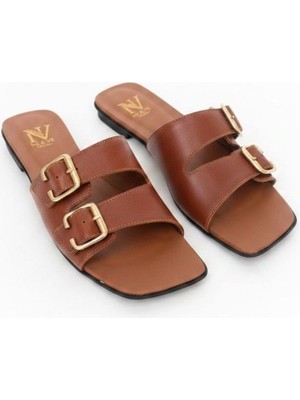 Ne&Ve Shoes Taba Deri Iki Tokalı Kadın Kare Burunlu Terlik