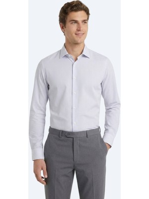 Kip Gri Çizgili Regular Fit Uzun Dokuma Casual Pamuk Karışımlı Gömlek