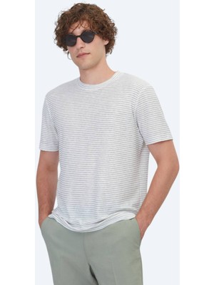 Kip Gri Çizgili %100 Keten T-Shirt