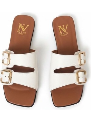 Ne&Ve Shoes Beyaz Deri Iki Tokalı Kadın Kare Burunlu Terlik