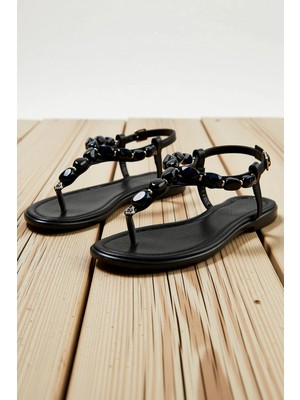 Benerly Kadın T-Strap Sandalet Bilekten Bağlamalı Taş Detaylı Düz Topuklu Yaz Ayakkabısı Günlük Rahat Modern