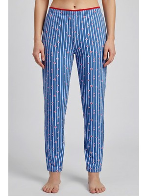 Hadiora Kadın Mavi Çizgili Kalp Desenli Bambu Pijama Alt