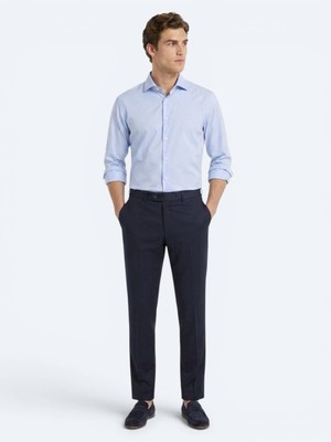 Kip Lacivert Çizgili Dokuma Fitted Fit Klasik %100 Yün Pantolon