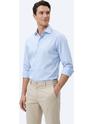 Kip Açık Mavi Çizgili Regular Fit Uzun Dokuma Casual Pamuk Karışımlı Gömlek