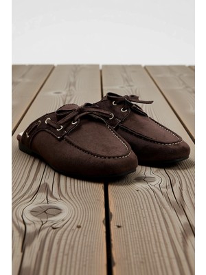 Benerly Kadın Süet Loafer Ayakkabı Bağcıklı Badem Burun Düz Topuk Casual Günlük Konforlu Rahat Modern Şık