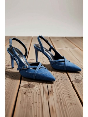 Benerly Kadın Sivri Burun Denim Slingback Topuklu Ayakkabı Ince Topuk Tokalı Detaylı Günlük Rahat Modern