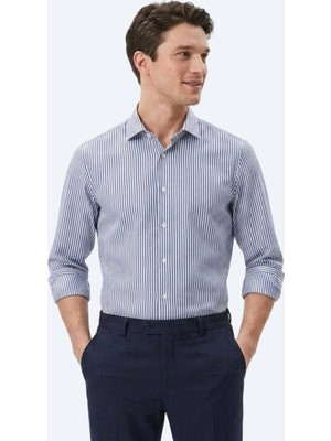 Kip Lacivert Çizgili Regular Fit Uzun Dokuma Casual Pamuk Karışımlı Gömlek