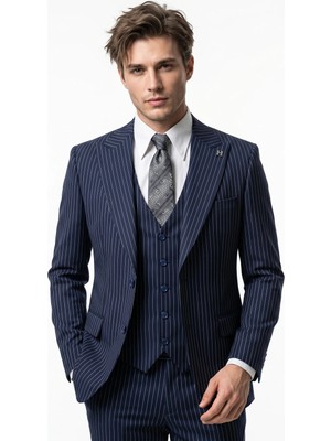 HERMOSE Sartorial | Gece Mavisi Çizgili Yelekli Takım Elbise