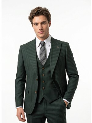 HERMOSE Sartorial | Zümrüt Yeşili Çizgili Yelekli Takım Elbise