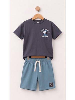Bican Erkek Çocuk Köpek Baskılı %100 Pamuklu T-Shirt ve Şort Alt Üst Takım