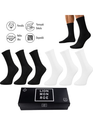 Lion Monroe Saf Pamuklu Erkek Tenis Uzun Düz Siyah - Beyaz Soket Çorap Dikişsiz Basic Penye Premium Hediye Kutulu 6'lı Prime Cotton Serisi L5952BZNS