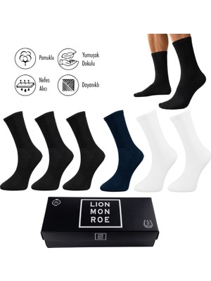 Lion Monroe Saf Pamuklu Erkek Tenis Uzun Düz Siyah - Beyaz - Lacivert Soket Çorap Dikişsiz Basic Penye Premium Hediye Kutulu 6'lı Prime Cotton Serisi L5952BZNS