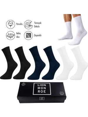 Lion Monroe Saf Pamuklu Erkek Tenis Uzun Düz Siyah Soket Çorap Dikişsiz Basic Penye Premium Hediye Kutulu 6'lı Prime Cotton Serisi L5952BZNS