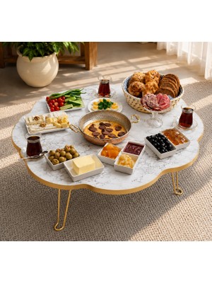 Valu Home 90 cm Papatya Yer Sofrası Katlanabilir Hamur Açma ve Kahvaltı Masası Mermer Desenli Yer Masası