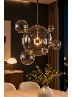 Mars Concept Modern Bubble LED Sarkıt Avize │ Altın Detaylı Şeffaf Cam Küre Bubble Yemek Odası & Salon Avizesi 50CM