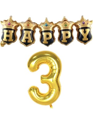 Parti Sürprizi Gold Taçlı Birleşik Happy 3 Yaş Folyo Balon Set