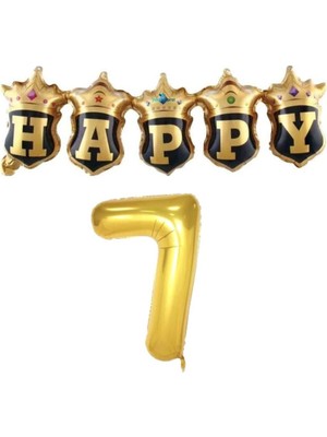 Parti Sürprizi Gold Taçlı Birleşik Happy 7 Yaş Folyo Balon Set