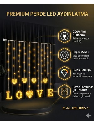 Hace Bazaar 3 Metre Perde LED Işık - 8 Modlu Kalp ve Love Figürlü Dekoratif Animasyonlu LED